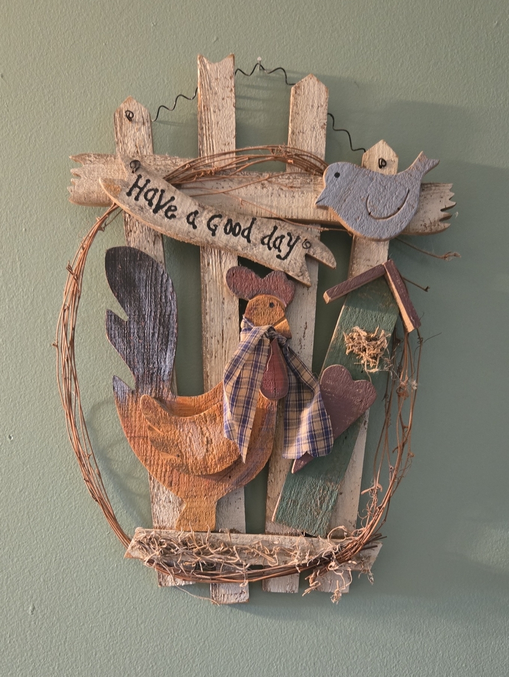 Rustic Rooster Wall Decor - Have a Good Day - Neutral Colors